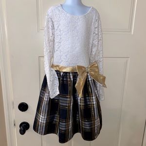 DOLLIE & ME PLAID GOLD LACE DRESS HOLIDAY 10
